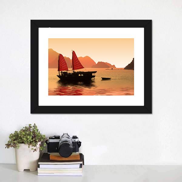 Junk Boat In Vietnam Canvas Wall Art-1 Piece-Framed Print-20" x 16"-Tiaracle
