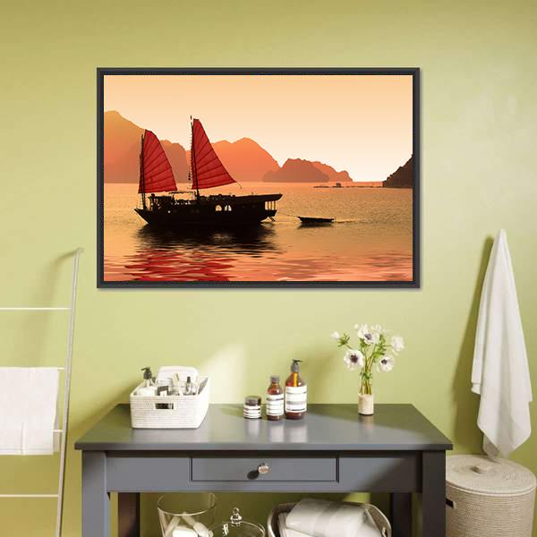 Junk Boat In Vietnam Canvas Wall Art-1 Piece-Floating Frame-24" x 16"-Tiaracle