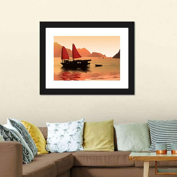 Junk Boat In Vietnam Canvas Wall Art-5 Horizontal-Gallery Wrap-22" x 12"-Tiaracle