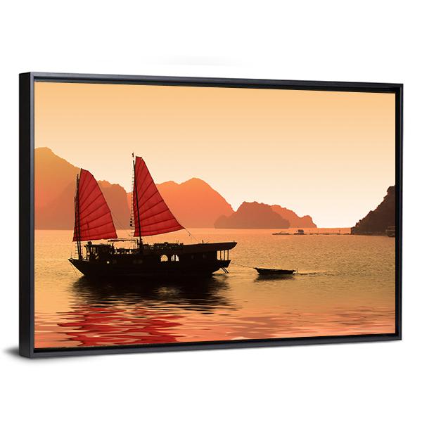 Junk Boat In Vietnam Canvas Wall Art-5 Horizontal-Gallery Wrap-22" x 12"-Tiaracle