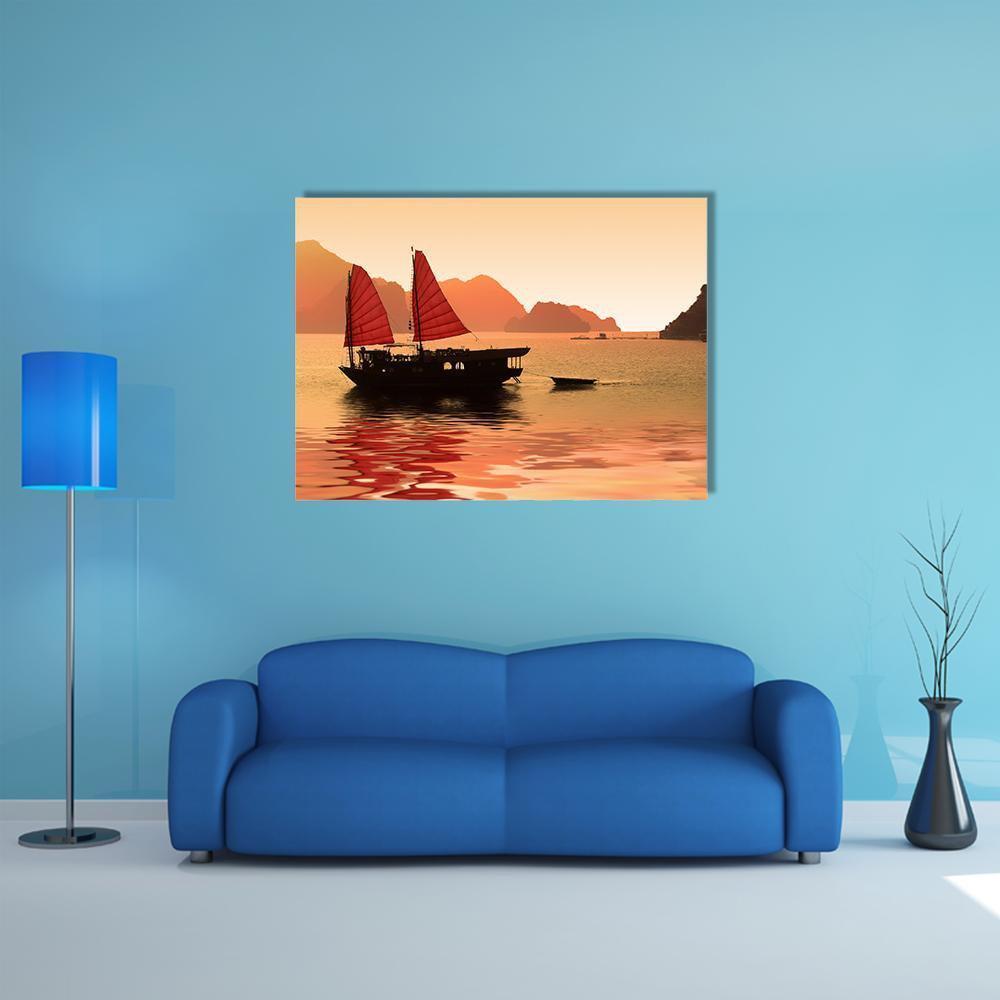 Junk Boat in Vietnam at Dusk Canvas Wall Art in red, orange and yellow, single panel hung on a wall