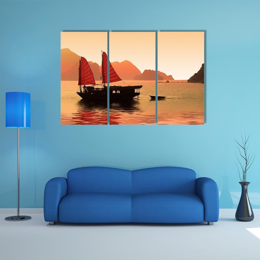 Junk Boat In Vietnam Canvas Wall Art-3 Horizontal-Gallery Wrap-37" x 24"-Tiaracle