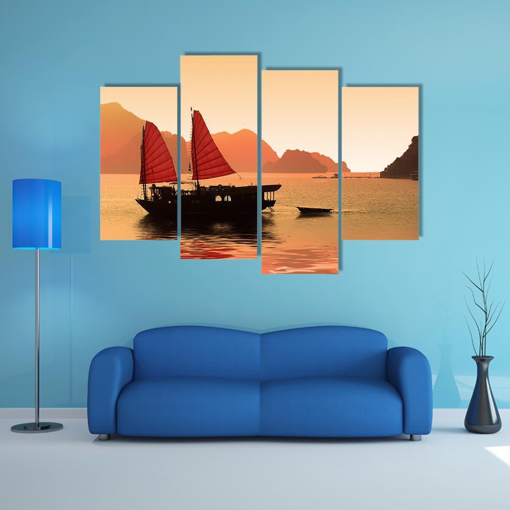 Junk Boat In Vietnam Canvas Wall Art-4 Pop-Gallery Wrap-50" x 32"-Tiaracle
