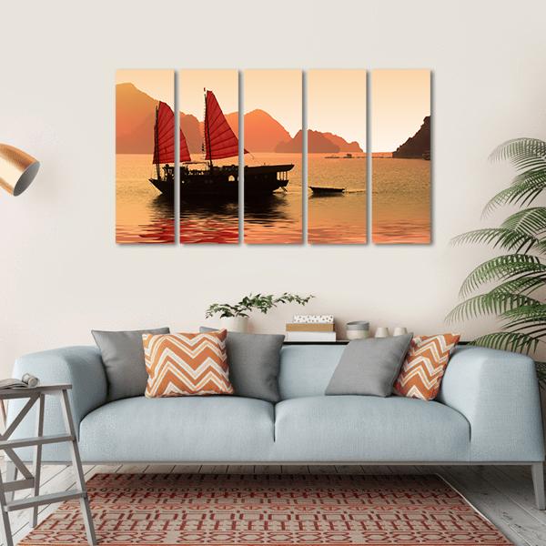 Junk Boat In Vietnam Canvas Wall Art-5 Horizontal-Gallery Wrap-22" x 12"-Tiaracle