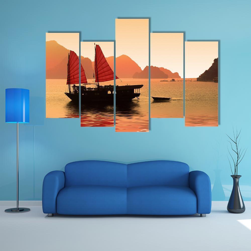 Junk Boat In Vietnam Canvas Wall Art-5 Pop-Gallery Wrap-47" x 32"-Tiaracle