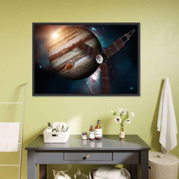 Juno Spacecraft & Jupiter Canvas Wall Art in black, brown and orange, framed canvas, product view on a white background