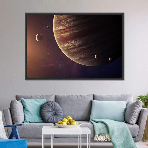 Jupiter with Its Moons Canvas Wall Art in black, brown and orange, framed canvas, product view on a white background