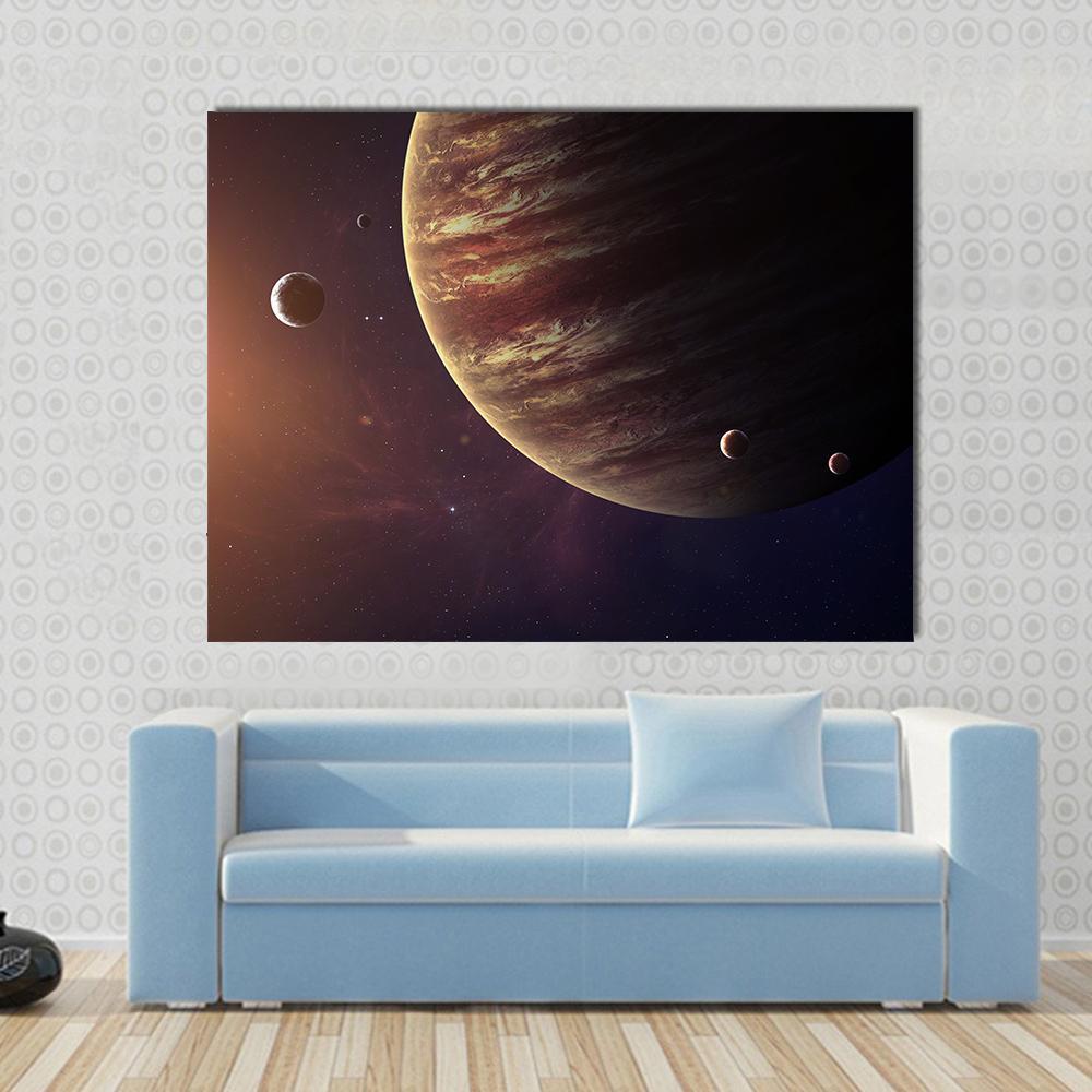 Jupiter with Its Moons Canvas Wall Art in black, brown and orange, single panel hung on a wall
