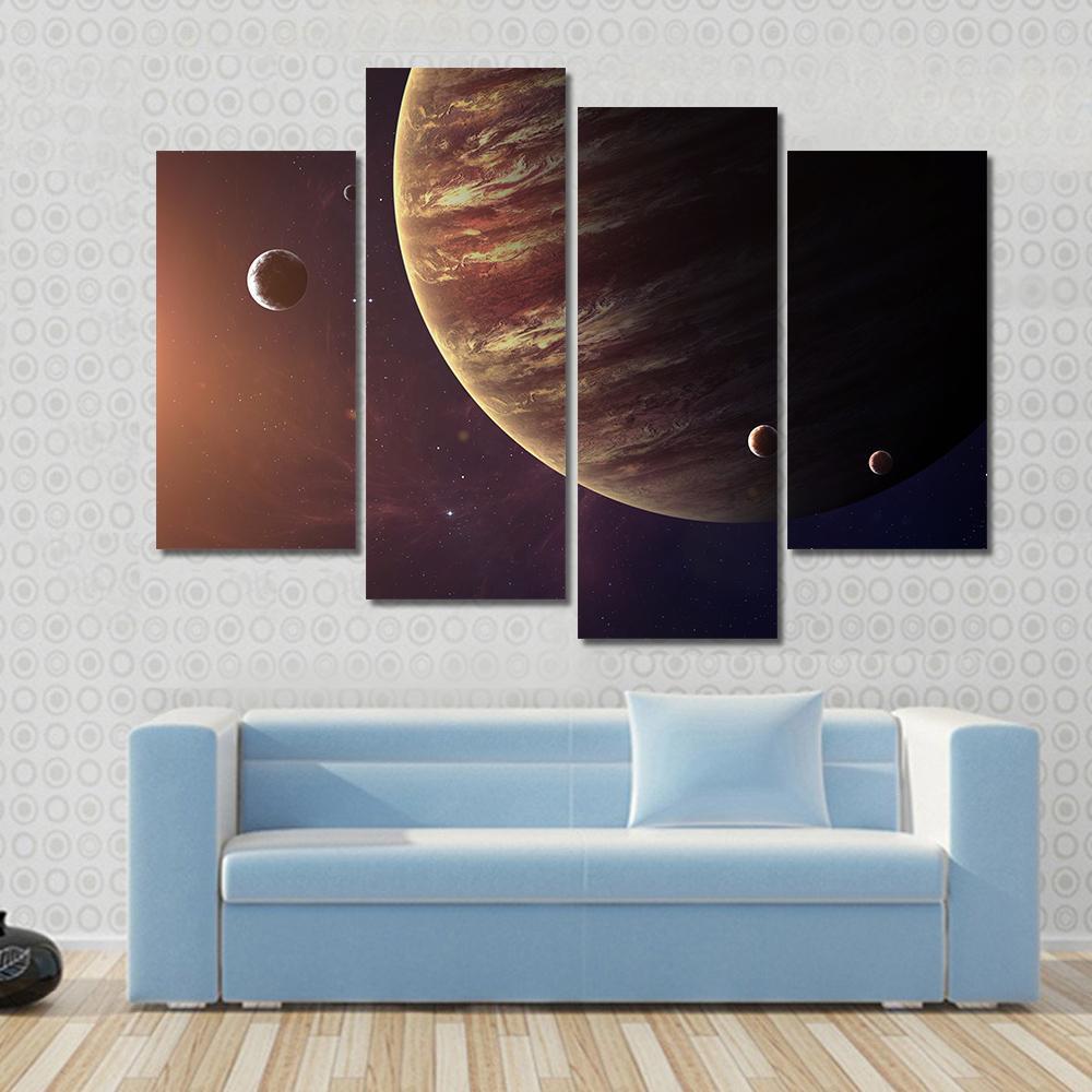 Jupiter with Its Moons Canvas Wall Art in black, brown and orange, 4 panel Pop layout hung on a wall