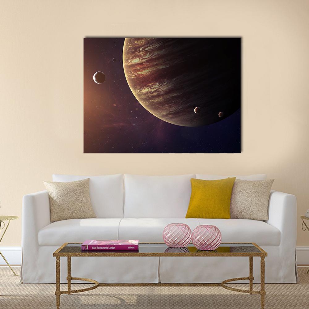 Jupiter with Its Moons Canvas Wall Art in black, brown and orange, single panel hung on a wall