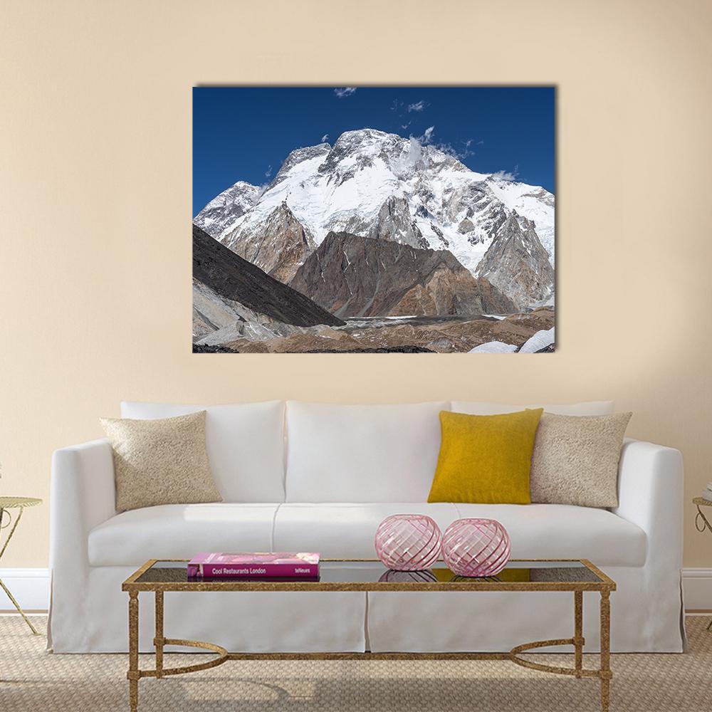 K2 Trek Mountain Landscape Canvas Wall Art in white, brown and blue, single panel hung on a wall