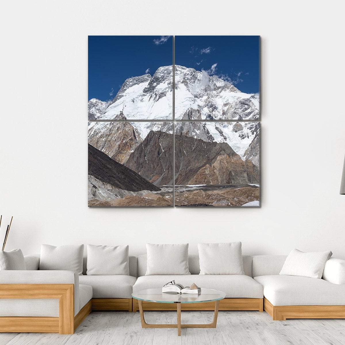K2 Mountain Trek in Pakistan Canvas Wall Art in white, brown and blue, hung on a wall