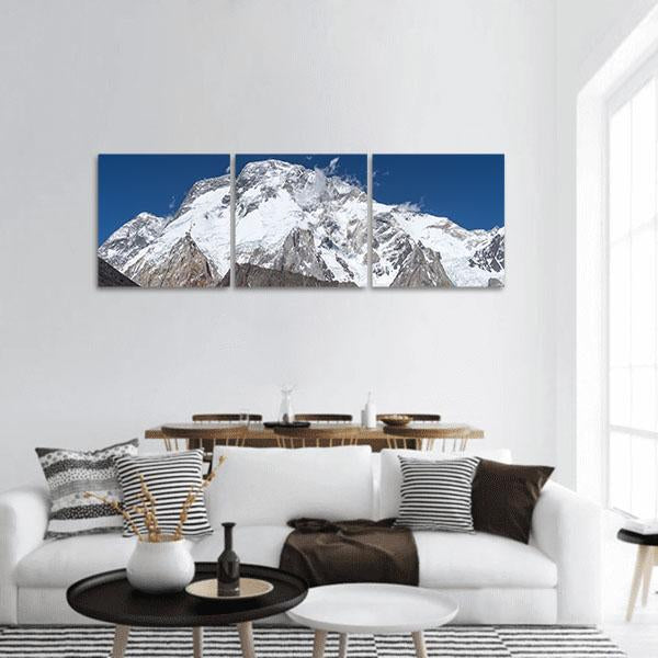 K2 Mountain Peaks, Pakistan Panoramic Canvas Wall Art in white, gray and blue, hung on a wall