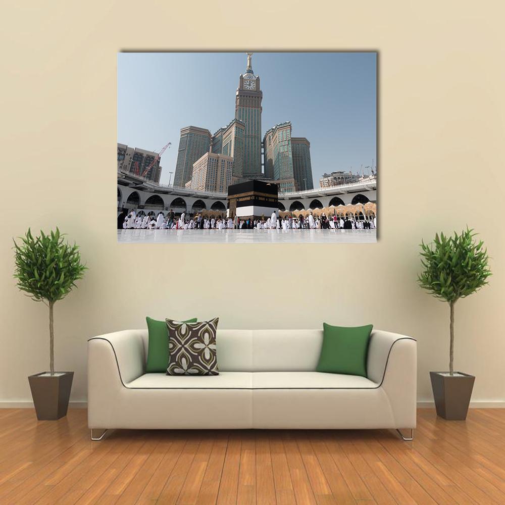 Kaaba at Daytime Canvas Wall Art in gray, beige and blue, single panel hung on a wall
