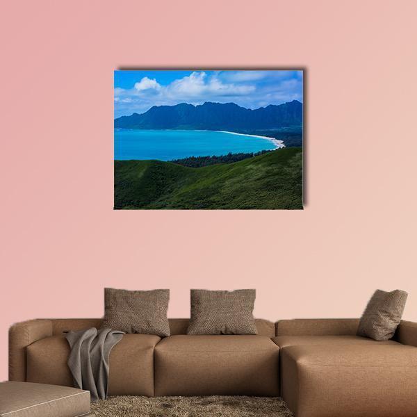 Kaiwa Ridge Trail Canvas Wall Art in green and blue, single panel hung on a wall