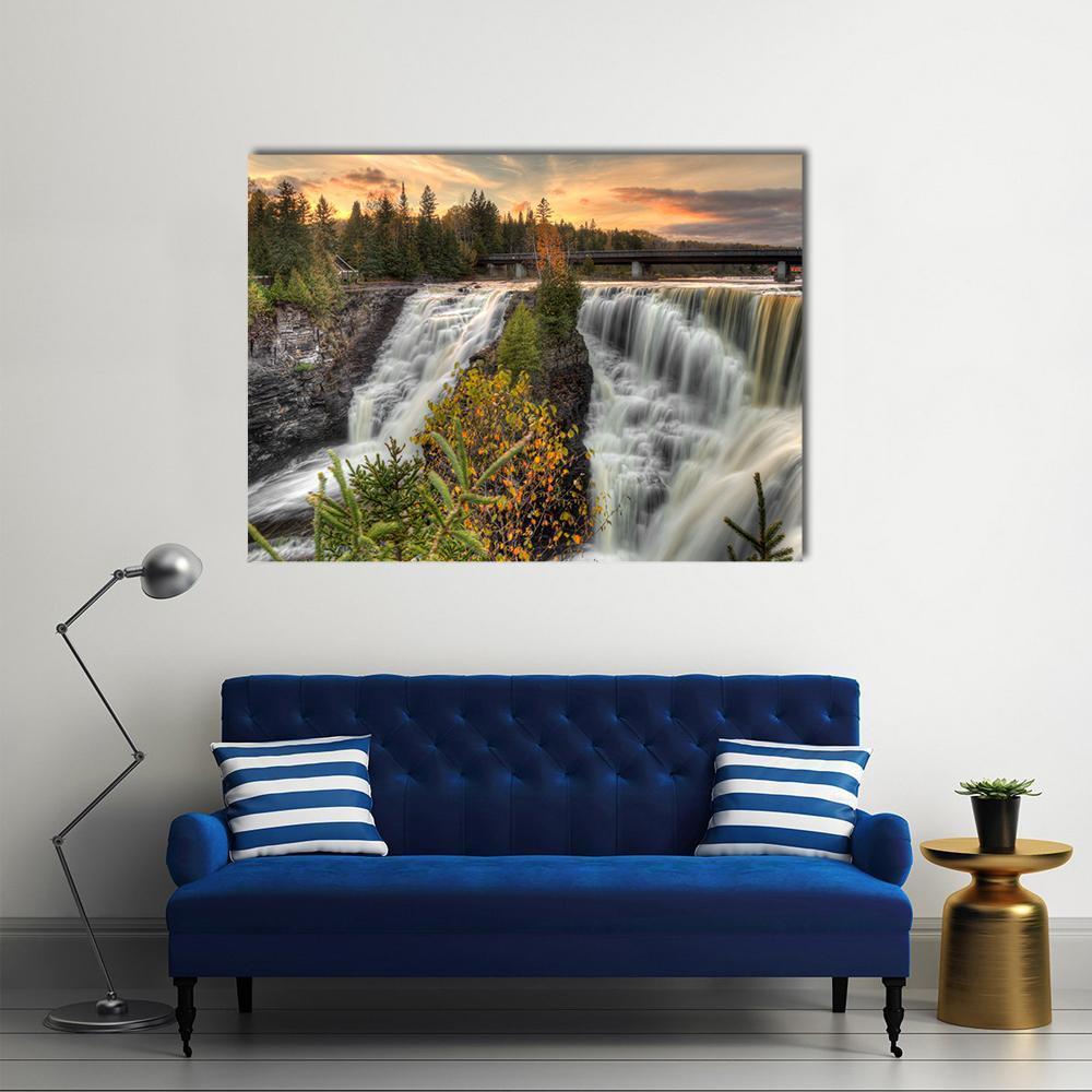 Kakabeka Falls in Autumn Canvas Wall Art in gray, brown and orange, single panel hung on a wall