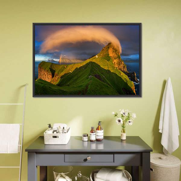 Kalsoy Island &amp; Lighthouse Canvas Wall Art-1 Piece-Floating Frame-24" x 16"-Tiaracle