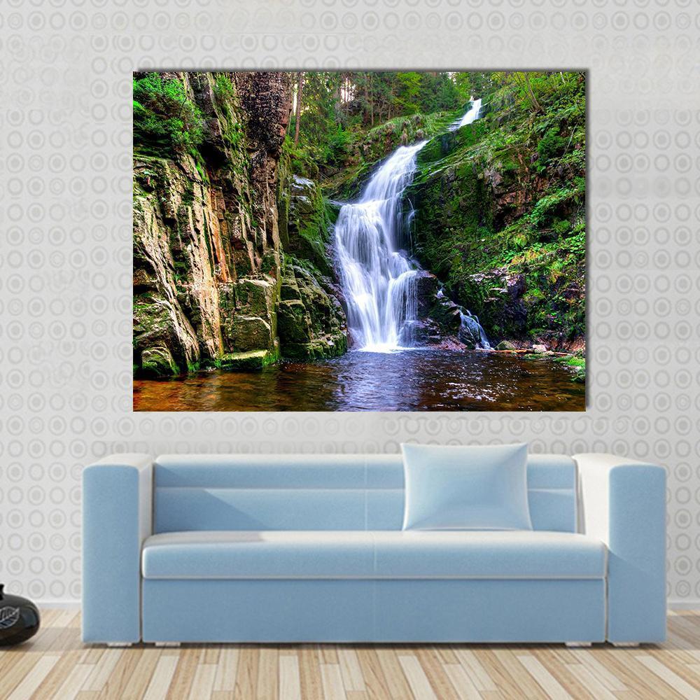 Kamienczyk Waterfall Canvas Wall Art in white, brown and green, single panel hung on a wall