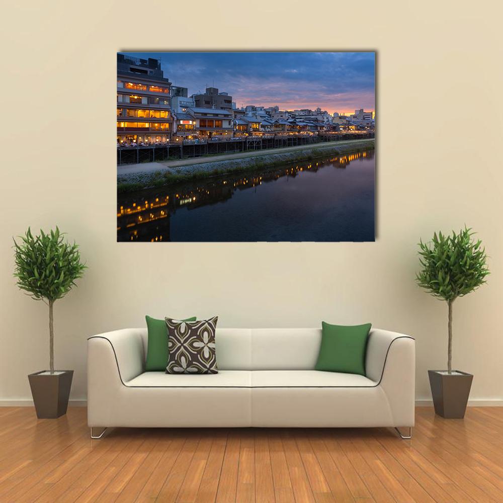 Kamogawa River at Sunset Canvas Wall Art in black, orange and blue, single panel hung on a wall