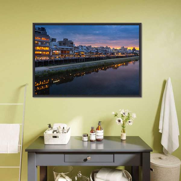 Kamogawa River At Sunset Canvas Wall Art-3 Horizontal-Gallery Wrap-25" x 16"-Tiaracle