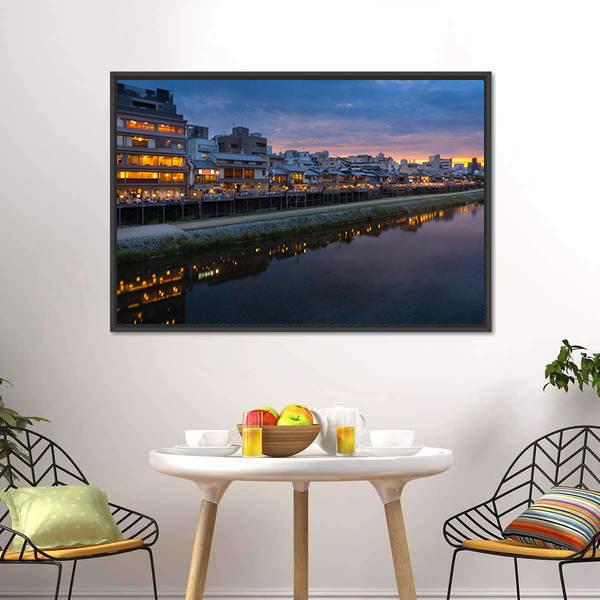 Kamogawa River At Sunset Canvas Wall Art-3 Horizontal-Gallery Wrap-25" x 16"-Tiaracle