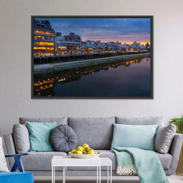 Kamogawa River At Sunset Canvas Wall Art-3 Horizontal-Gallery Wrap-25" x 16"-Tiaracle