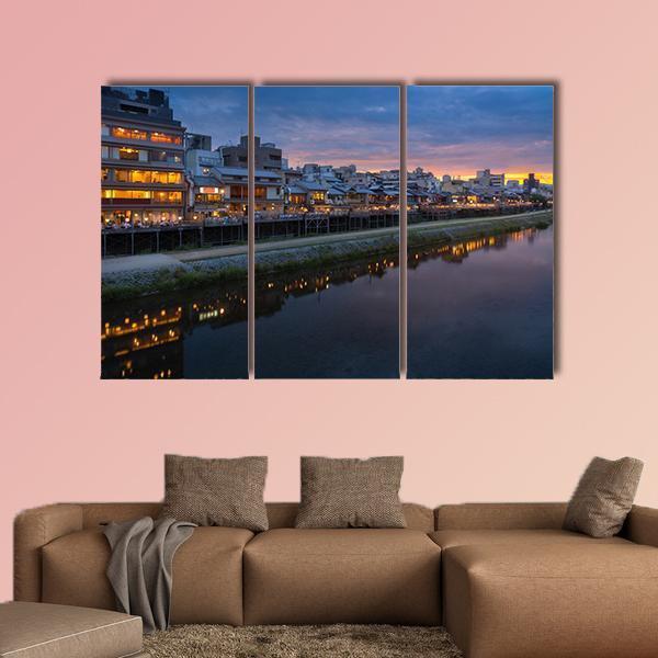 Kamogawa River At Sunset Canvas Wall Art-3 Horizontal-Gallery Wrap-37" x 24"-Tiaracle