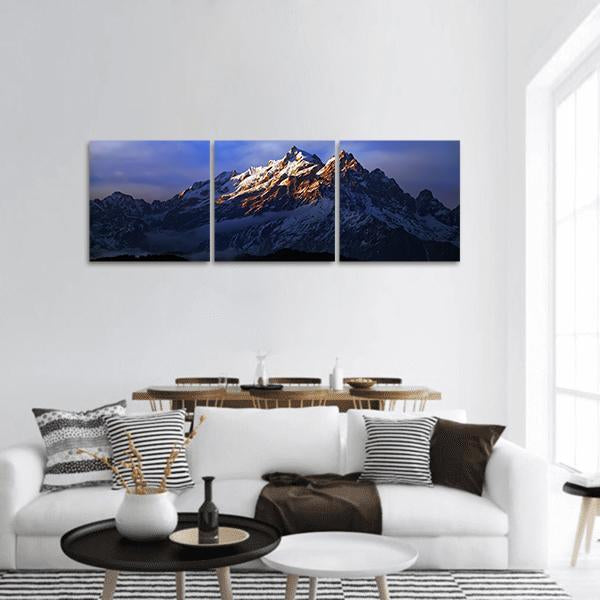 Kangchenjunga Close-up View Panoramic Canvas Wall Art in black, white and blue, hung on a wall