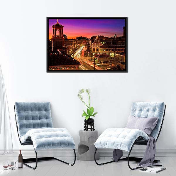 Kansas City Plaza Christmas Lights Canvas Wall Art in black, orange and purple, framed canvas, product view on a white background