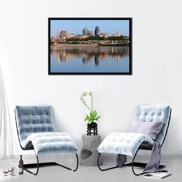 Kansas City Skyline Canvas Wall Art in brown and blue, framed canvas, product view on a white background