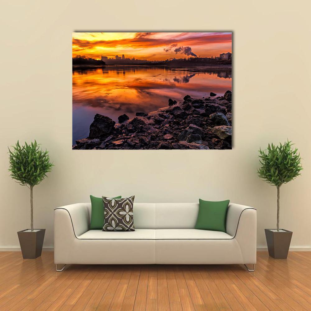Kansas City Skyline at Sunset Canvas Wall Art in black, orange and yellow, single panel hung on a wall