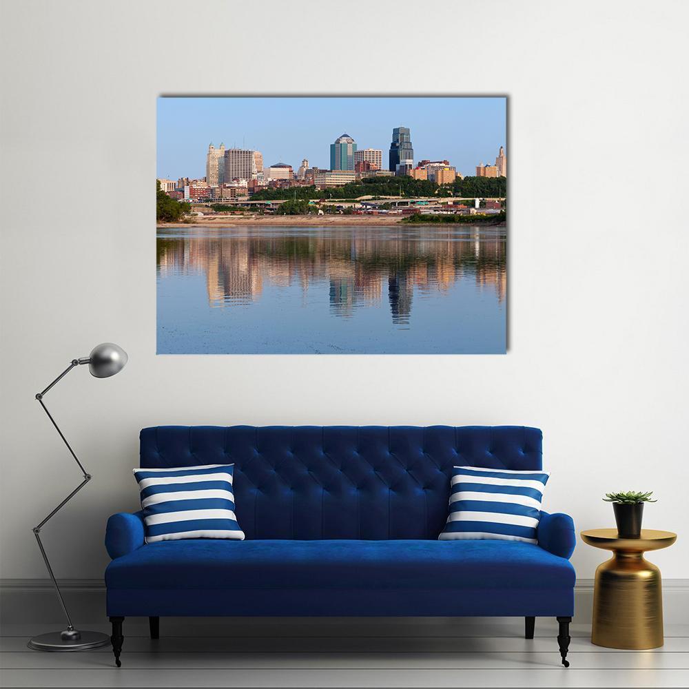 Kansas City Skyline Canvas Wall Art in brown and blue, single panel hung on a wall