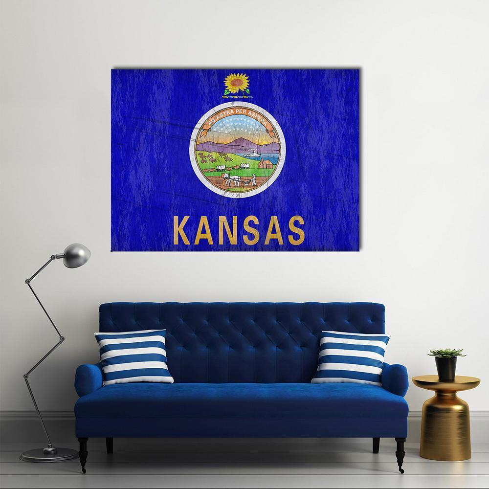 Vintage Kansas State Flag Canvas Wall Art in gold and blue, single panel hung on a wall