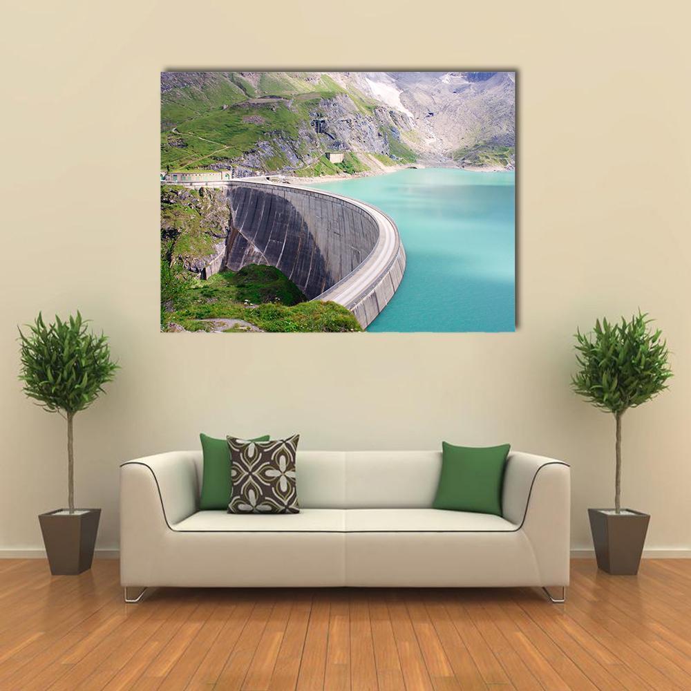 Kaprun Dam Canvas Wall Art in gray, green and blue, single panel hung on a wall