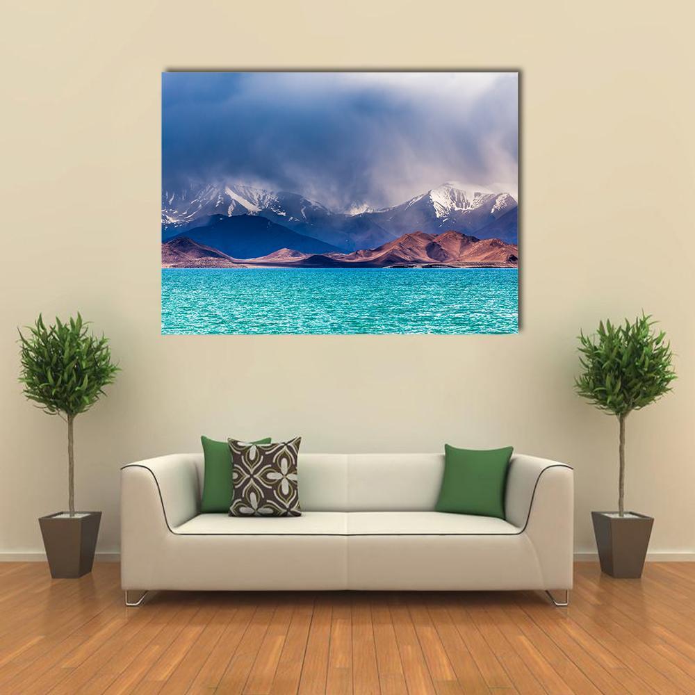 Karakul Lake in Pamir Canvas Wall Art in white, brown and blue, single panel hung on a wall
