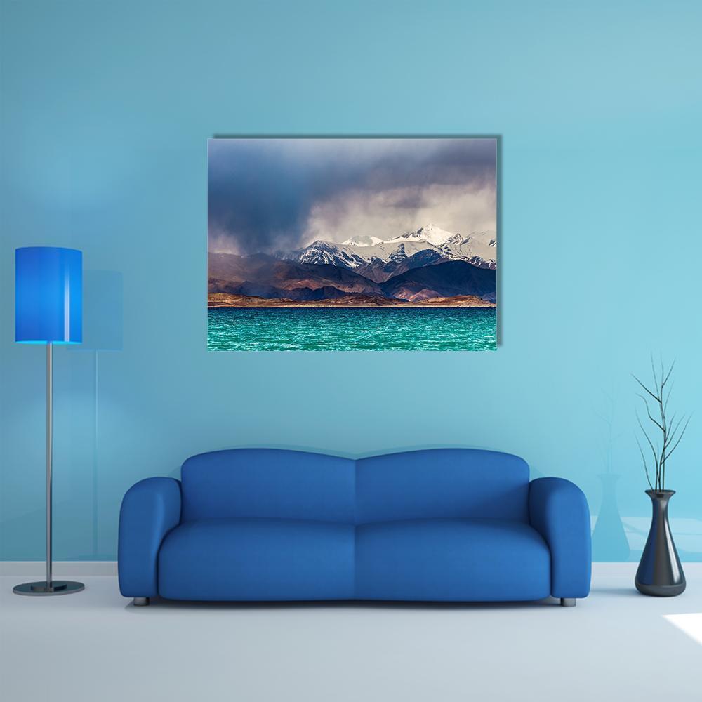 Karakul Lake in Pamir, Tajikistan Canvas Wall Art in white, gray and blue, single panel hung on a wall