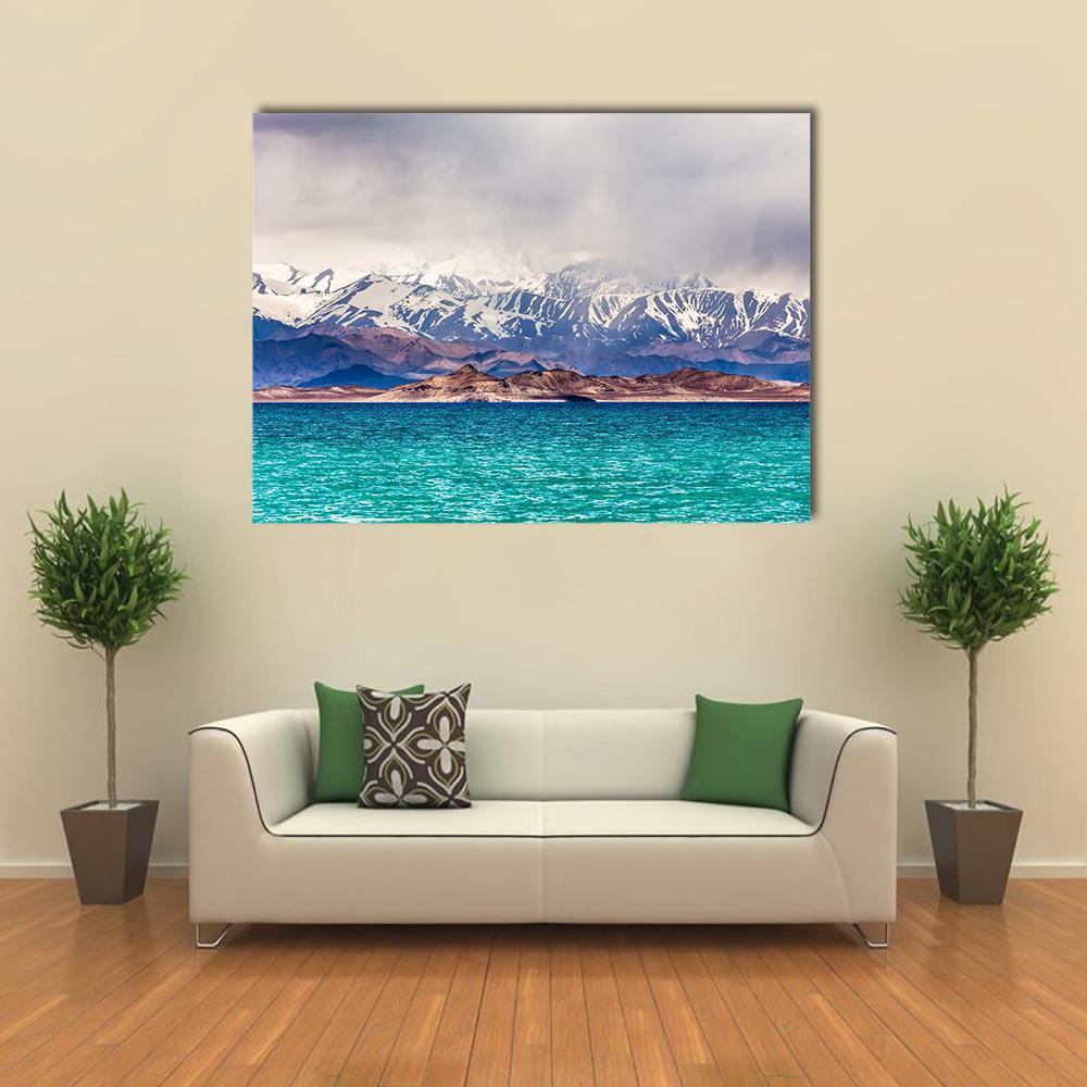 Karakul Lake Turquoise Waters, Tajikistan Canvas Wall Art in white, brown and blue, single panel hung on a wall