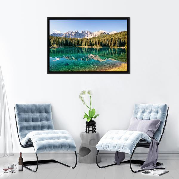 Karer Lake in Italy Canvas Wall Art in gray, green and blue, framed canvas, product view on a white background