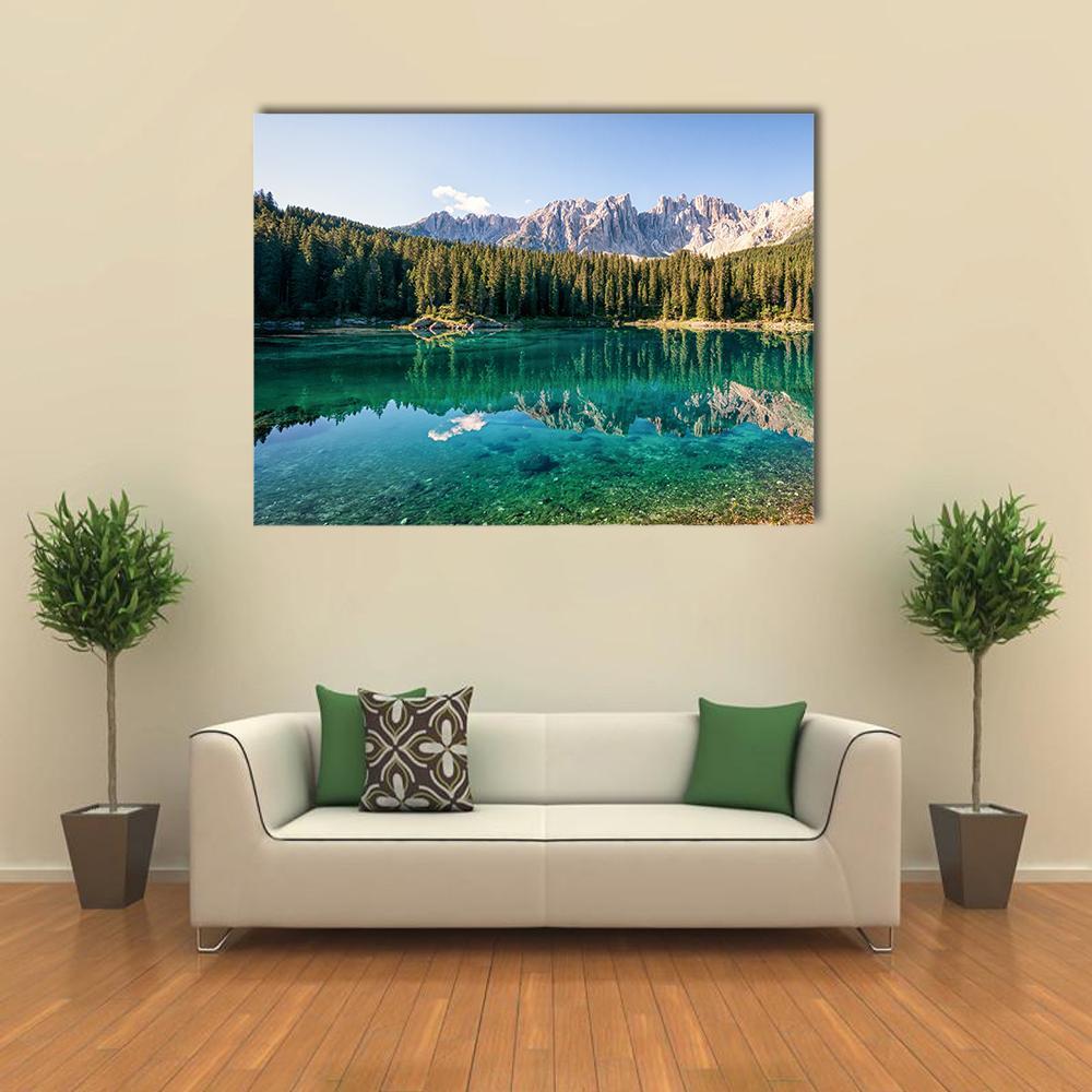 Karer Lake in Italy Canvas Wall Art in gray, green and blue, single panel hung on a wall