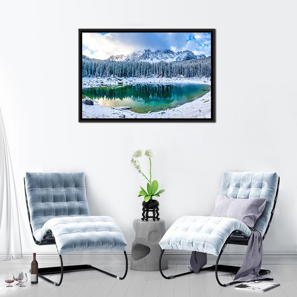 Karer Lake in Winter Canvas Wall Art in white, green and blue, framed canvas, product view on a white background