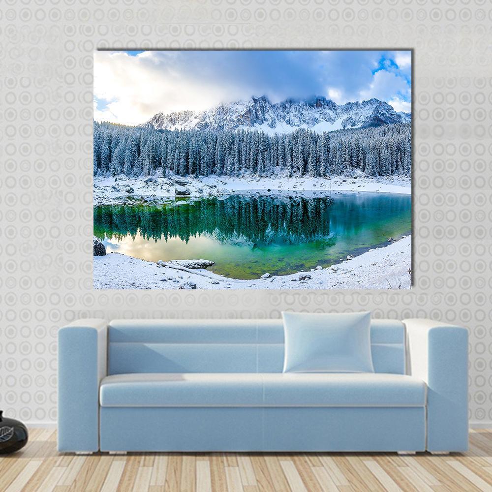 Karer Lake in Winter Canvas Wall Art in white, green and blue, single panel hung on a wall