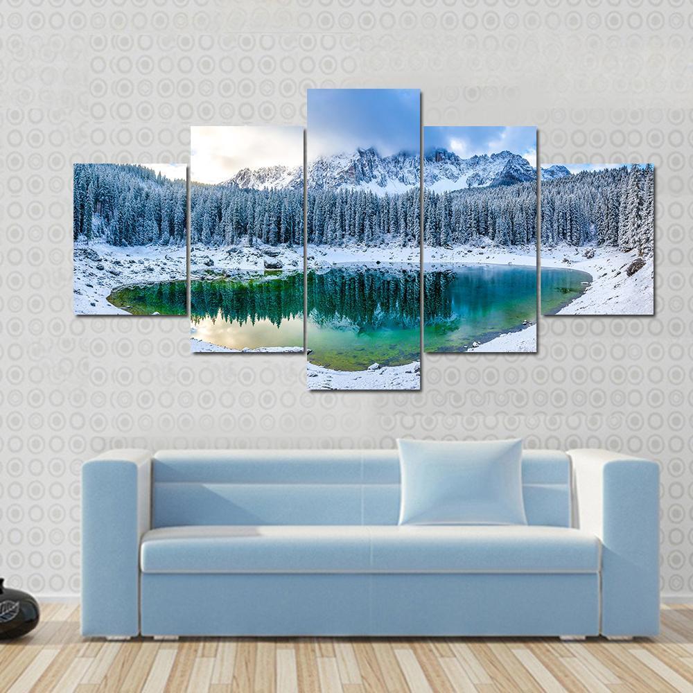 Karer Lake In Winter Canvas Wall Art-5 Star-Gallery Wrap-62" x 32"-Tiaracle
