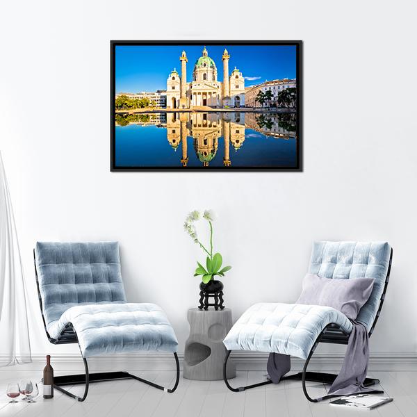 Karlskirche Church Reflection Canvas Wall Art-1 Piece-Floating Frame-24" x 16"-Tiaracle