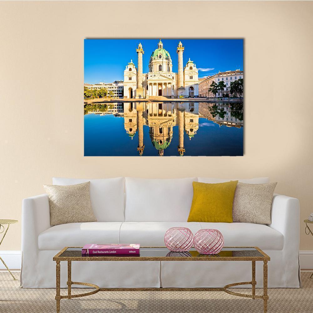 Karlskirche Church Reflection Canvas Wall Art in white, beige and blue, single panel hung on a wall