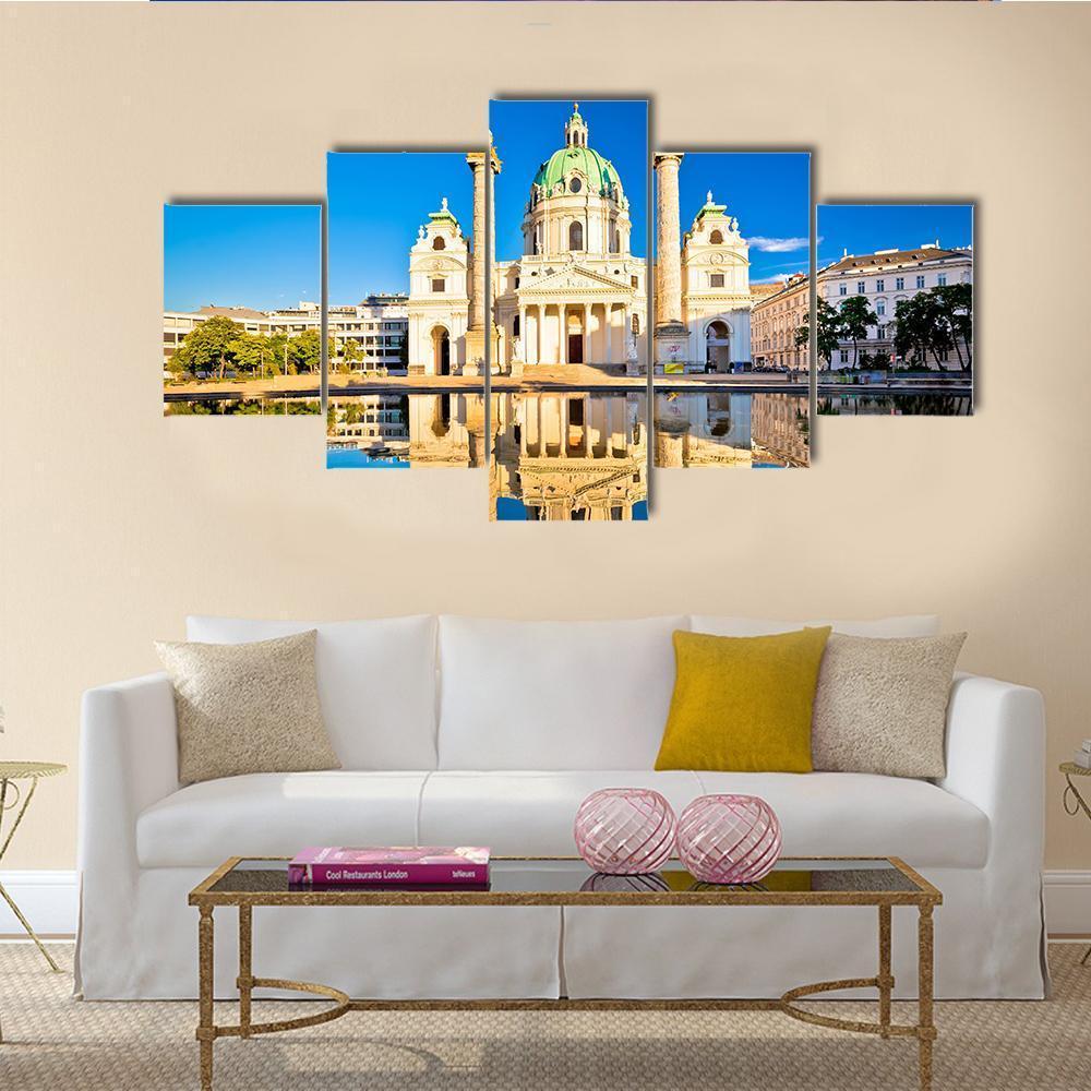 Karlskirche Church Reflection Canvas Wall Art-5 Star-Gallery Wrap-62" x 32"-Tiaracle