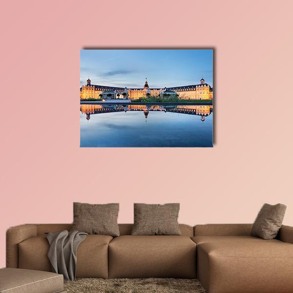 Karlsruhe Castle Reflection Canvas Wall Art in orange, yellow and blue, single panel hung on a wall