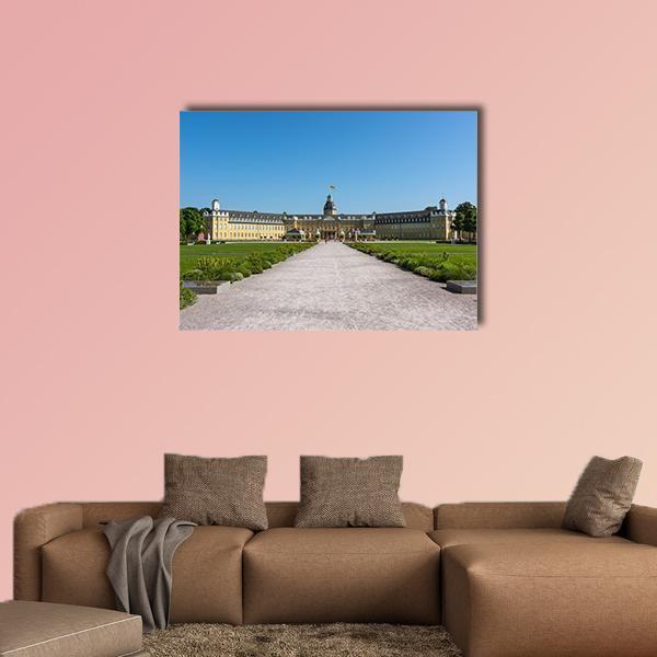 Karlsruhe Palace Canvas Wall Art in gray, yellow and blue, single panel hung on a wall