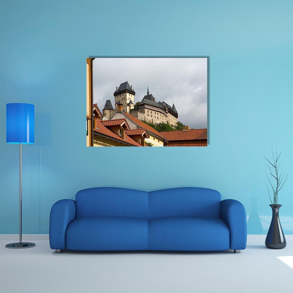 Karlstejn Medieval Castle Canvas Wall Art in gray, beige and orange, single panel hung on a wall