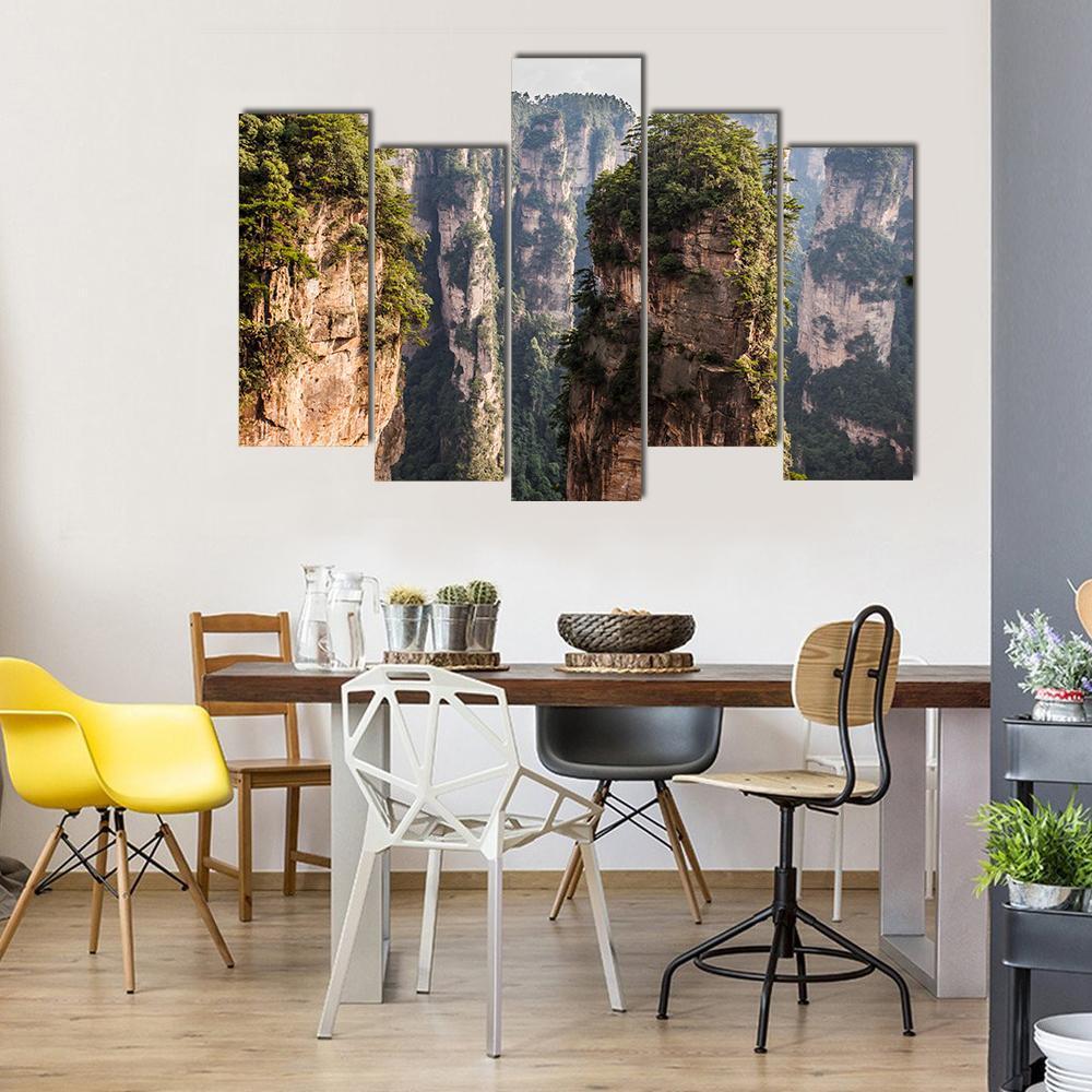 Karst Pillars At Wulingyuan Canvas Wall Art-5 Pop-Gallery Wrap-47" x 32"-Tiaracle