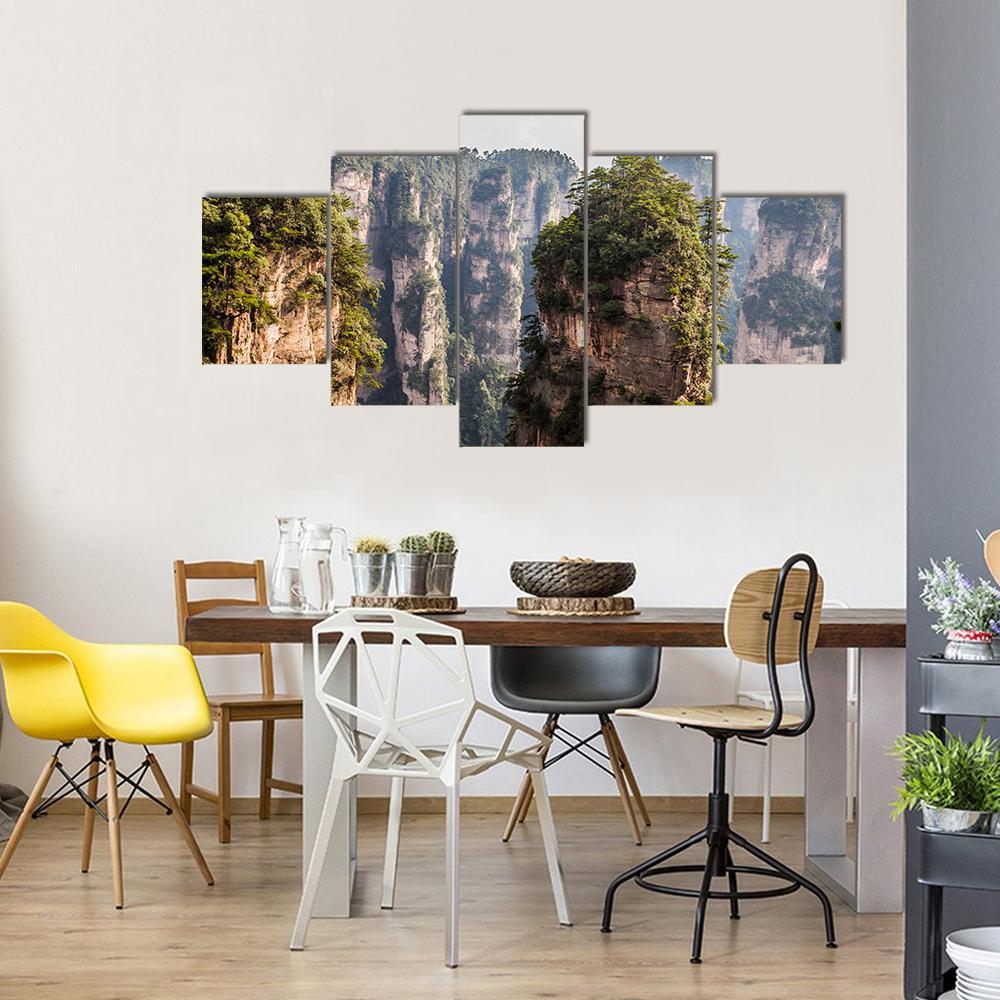 Karst Pillars At Wulingyuan Canvas Wall Art-5 Star-Gallery Wrap-62" x 32"-Tiaracle